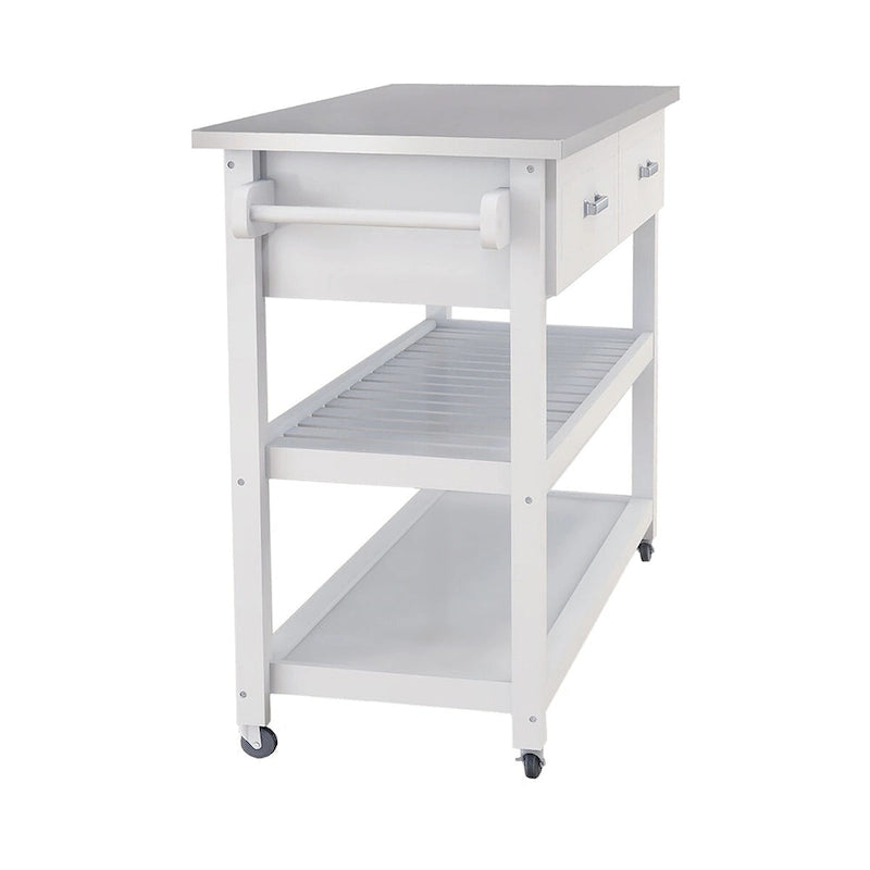 White Kitchen Cart with Stainless Steel Countertop and Two Drawers