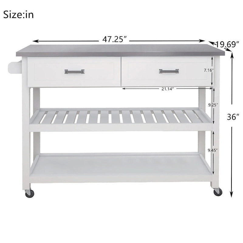 White Kitchen Cart with Stainless Steel Countertop and Two Drawers