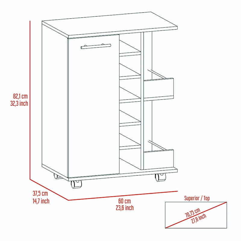 Wooden Bar Cart, Kitchen Serving Cart with Wine Rack and 1-Door Cabinet, 23.6x14.8x32.2 in.