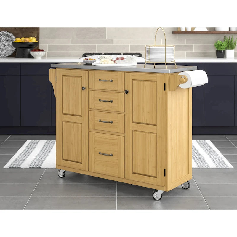 48" Natural Finish Kitchen Cart with Black Granite Top, 4 Drawers & Spice Rack