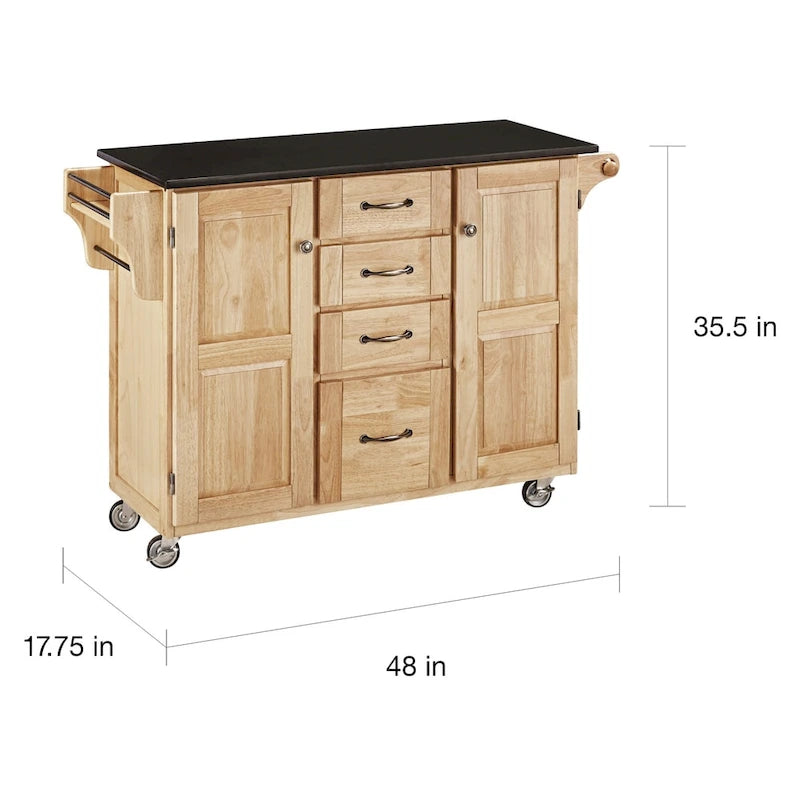 48" Natural Finish Kitchen Cart with Black Granite Top, 4 Drawers & Spice Rack