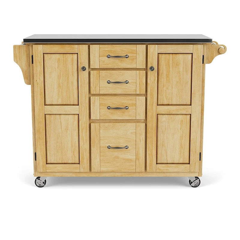 48" Natural Finish Kitchen Cart with Black Granite Top, 4 Drawers & Spice Rack