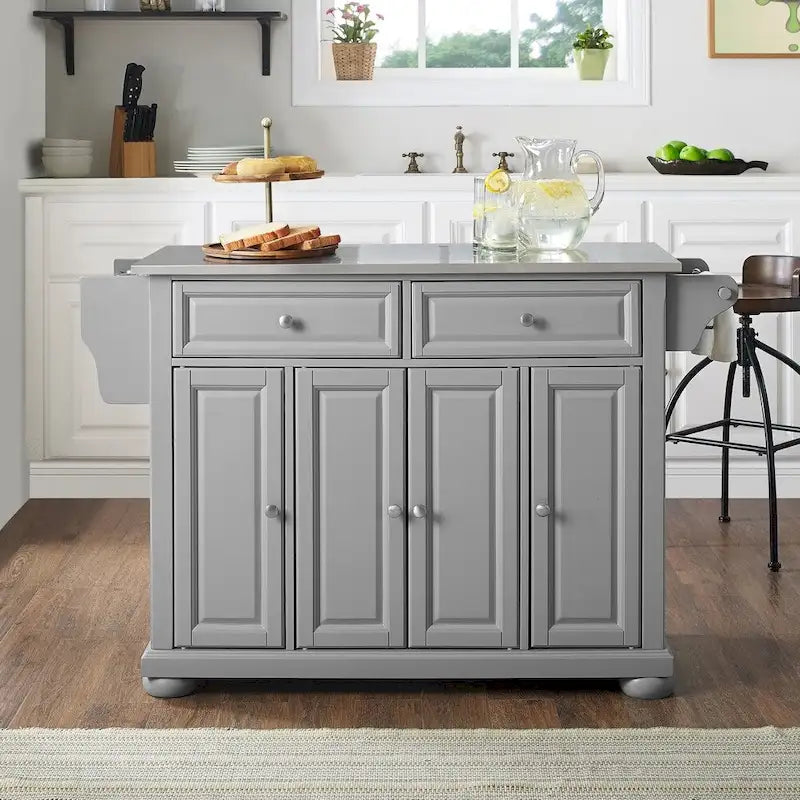 Alexandria 51.5" Kitchen Island with Stainless Steel Top in Vintage Grey - 51.5W x 18D x 36H