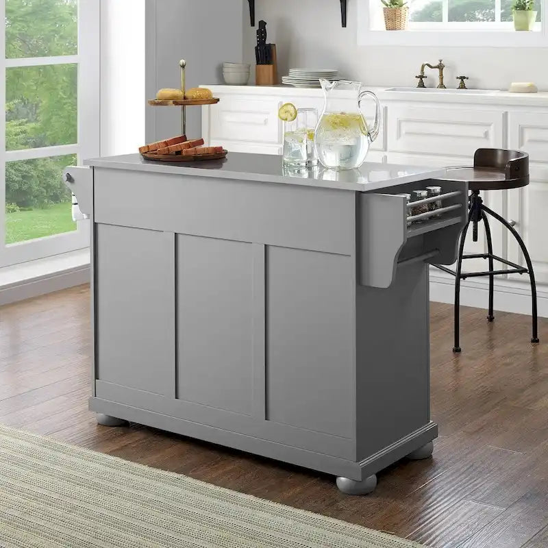 Alexandria 51.5" Kitchen Island with Stainless Steel Top in Vintage Grey - 51.5W x 18D x 36H