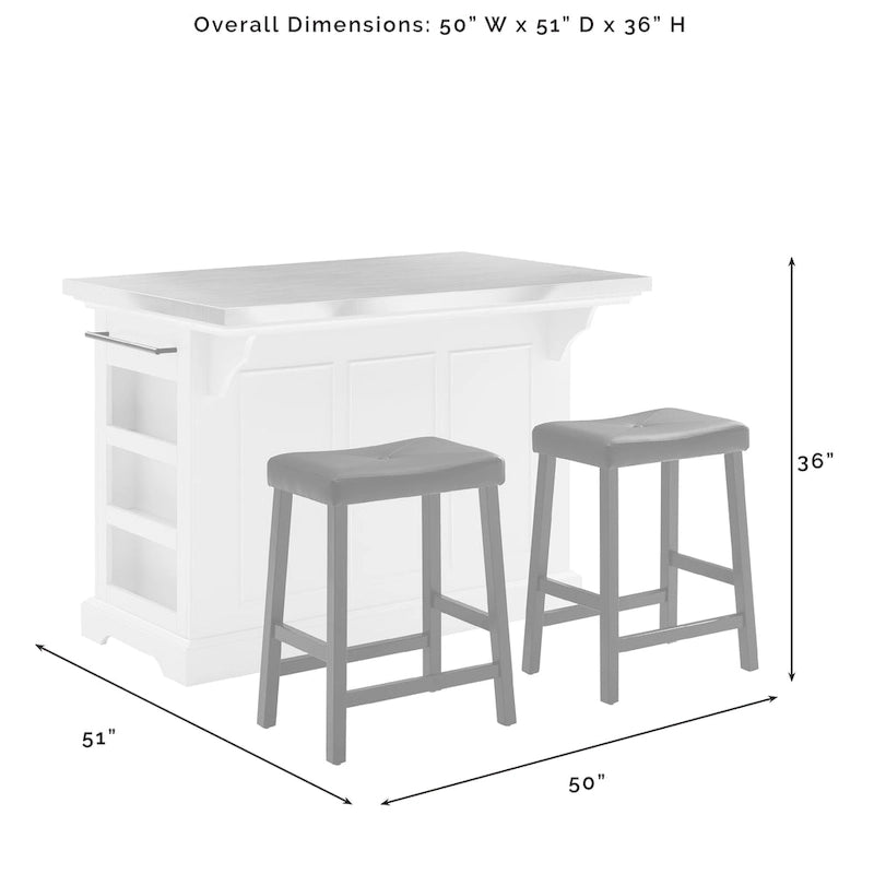 Julia 50" Kitchen Island with Upholstered Saddle Stools - 50W x 51D x 36H