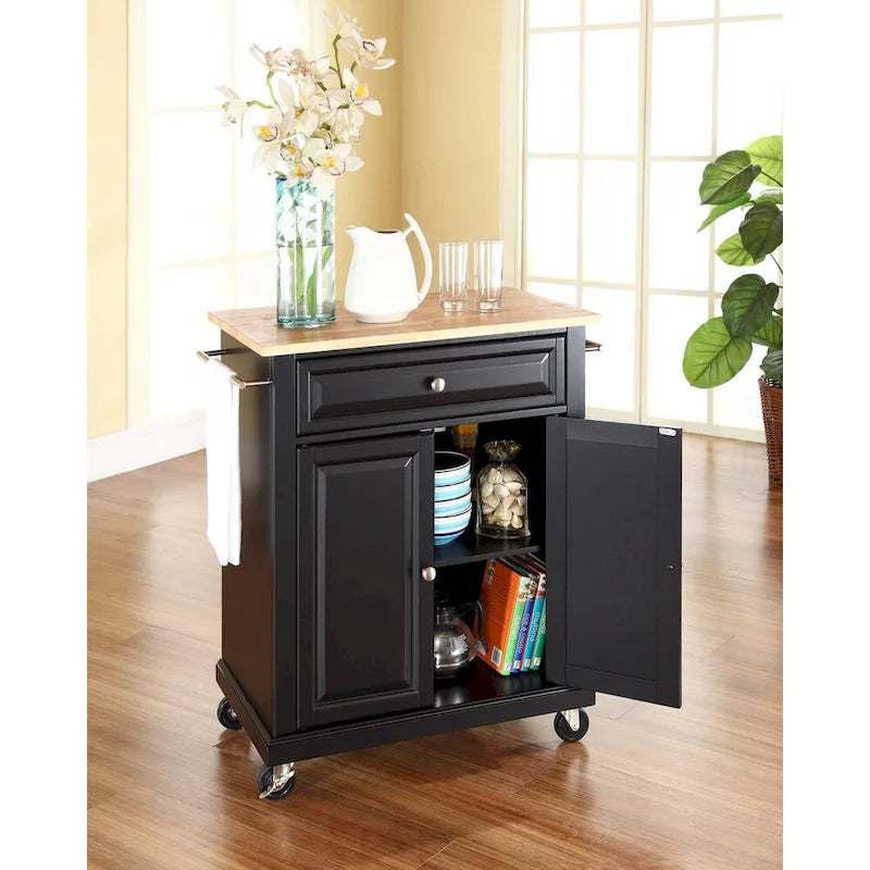 31" Portable Kitchen Island with Black Finish & Natural Wood Top - 31W x 18D x 35.5H