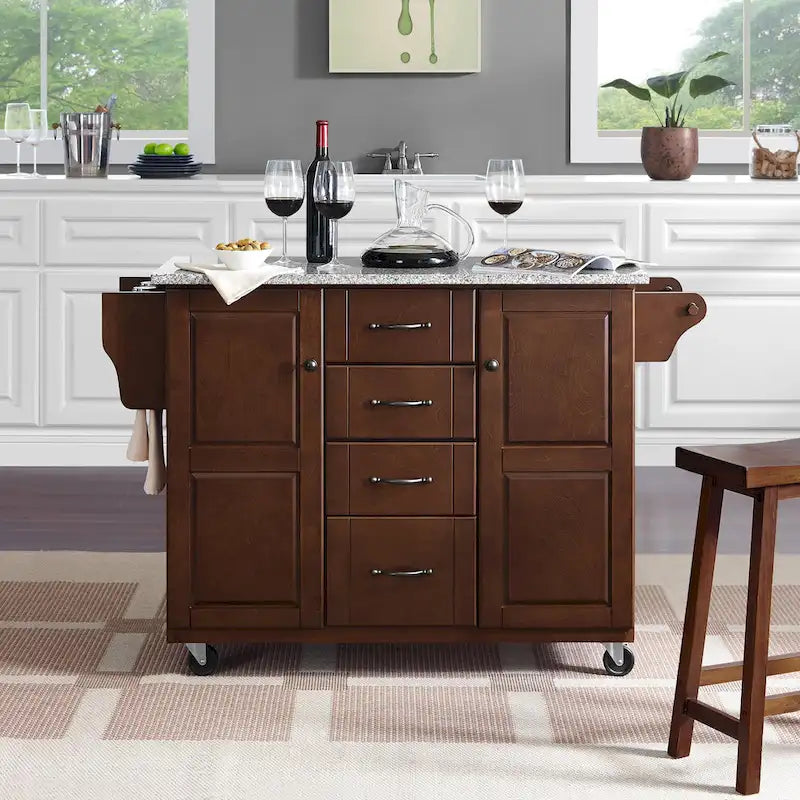 Eleanor 51.5" Solid Granite Top Kitchen Cart with 4 Drawers, 2 Cabinets & Spice Rack