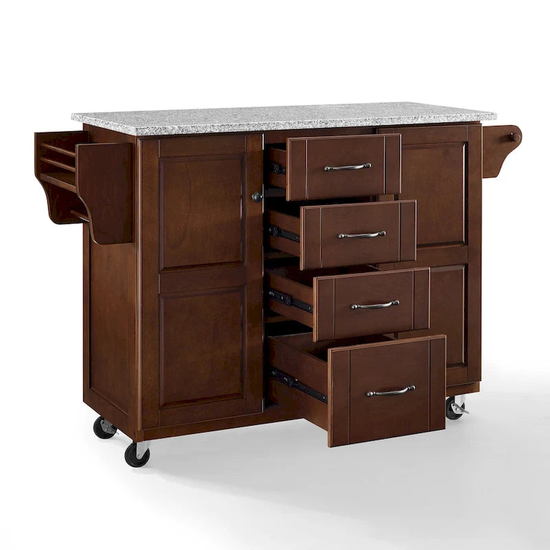 Eleanor 51.5" Solid Granite Top Kitchen Cart with 4 Drawers, 2 Cabinets & Spice Rack