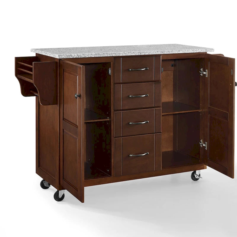 Eleanor 51.5" Solid Granite Top Kitchen Cart with 4 Drawers, 2 Cabinets & Spice Rack