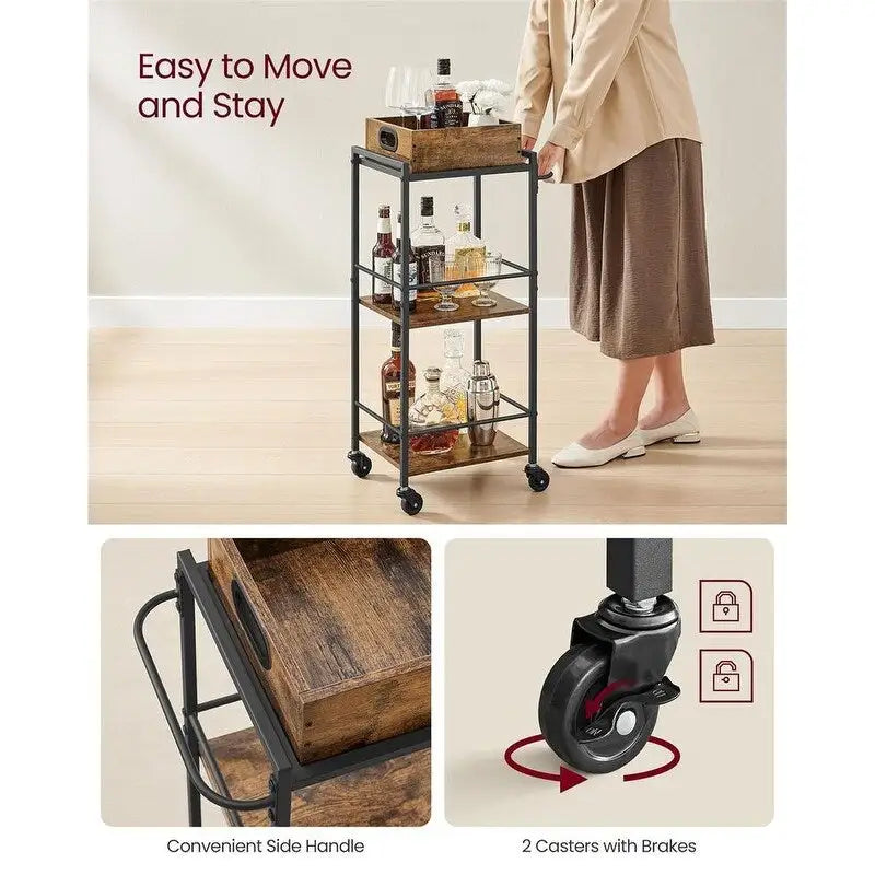 Rustic Brown Black Industrial Bar Cart with Removable Tray 3-Tier Storage and Lockable Wheels
