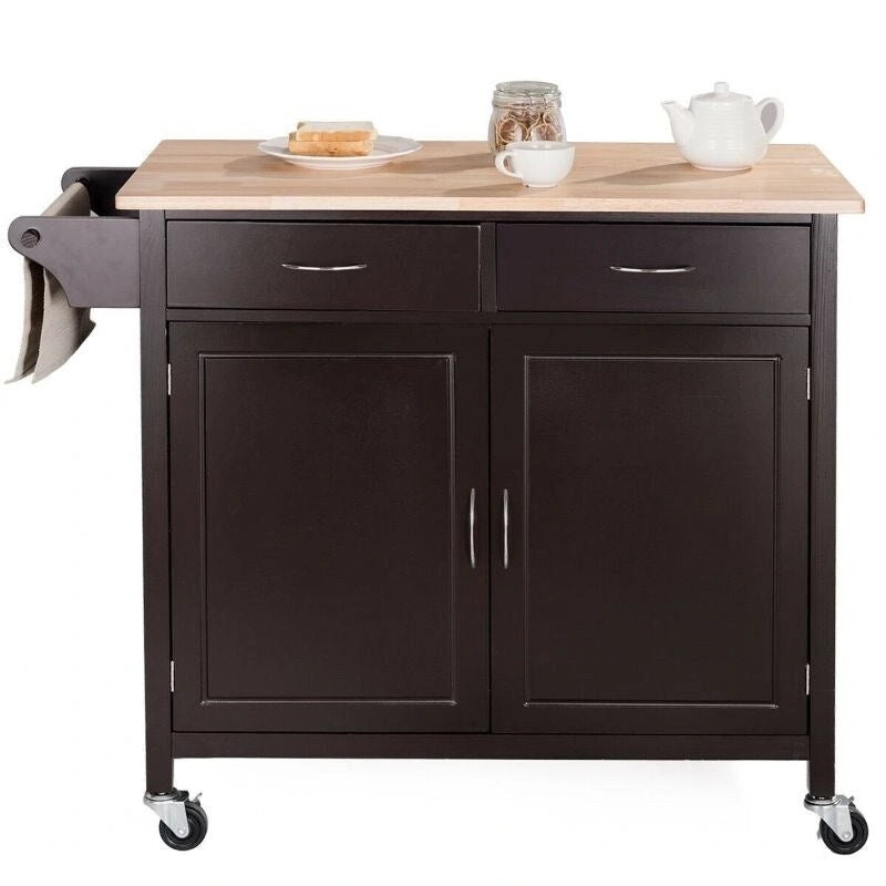 Brown Kitchen Island Storage Cart with Wood Top and Casters - 43 x 19.5 x 35.5 (L x W x H)