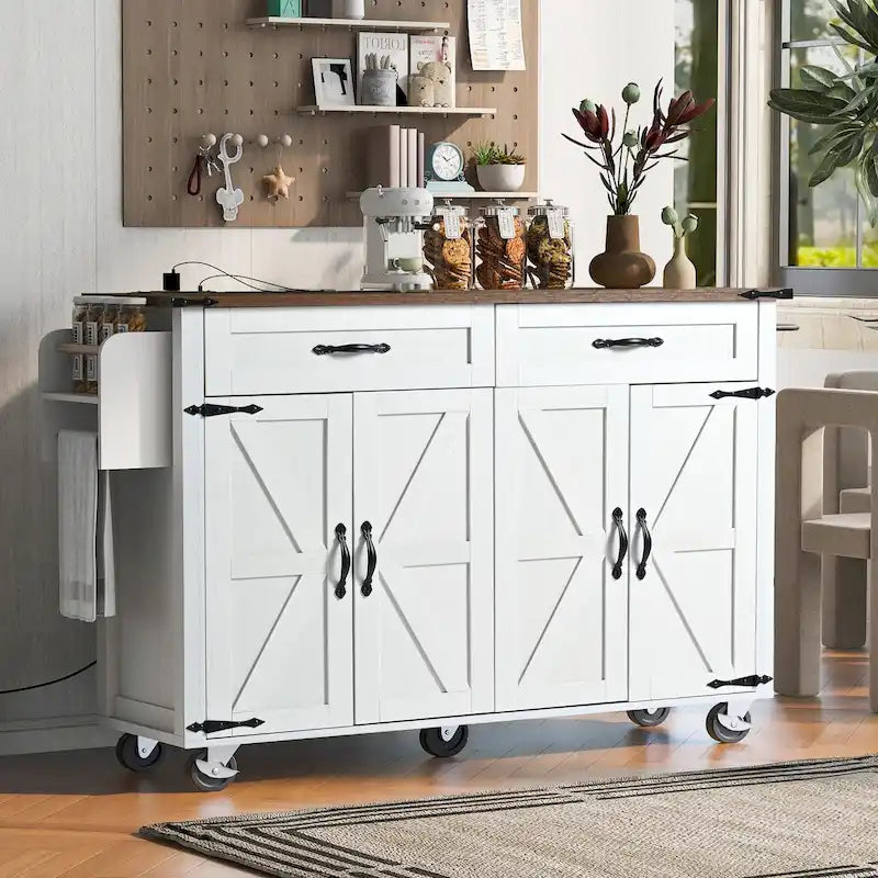 53.5 Farmhouse Kitchen Island - Power Outlet, Drop Leaf, Spice Rack, Drawer, Rolling Cart on Wheels