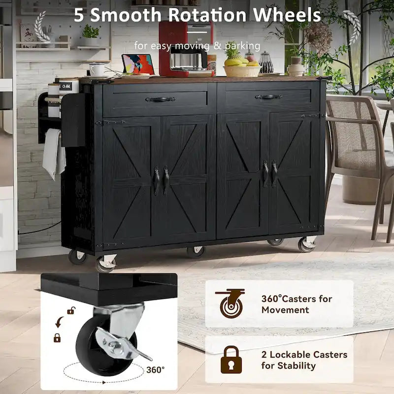 53.5 Farmhouse Kitchen Island - Power Outlet, Drop Leaf, Spice Rack, Drawer, Rolling Cart on Wheels