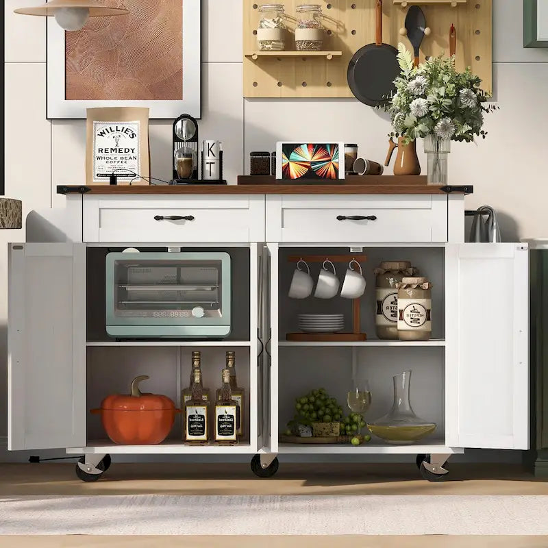 53.5 Farmhouse Kitchen Island - Power Outlet, Drop Leaf, Spice Rack, Drawer, Rolling Cart on Wheels