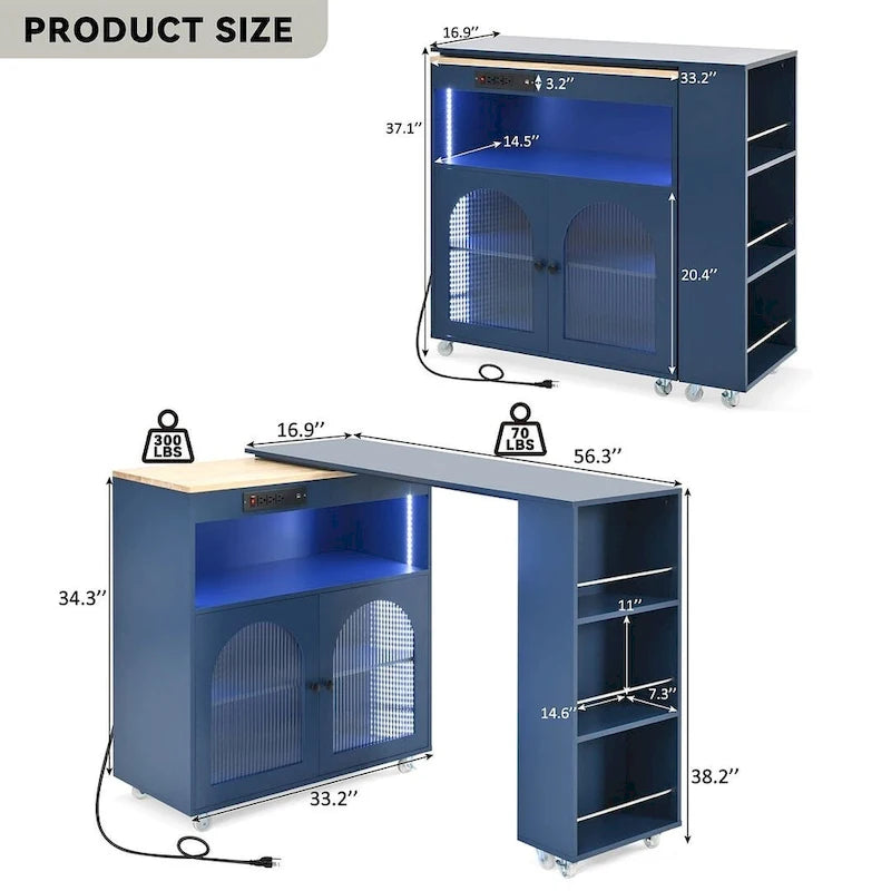 Kitchen Island Cart with Extended Table and Power Outlets