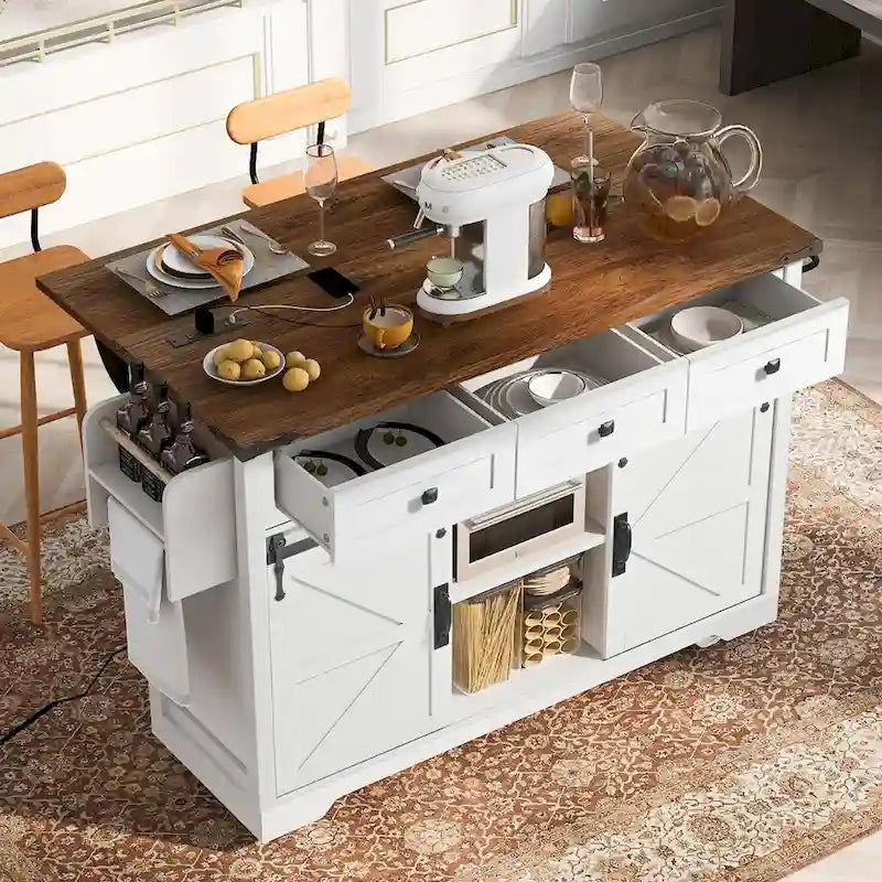 53.7Kitchen Island with Power Outlet,2 Sliding Barn Door Island with Drop Leaf,Spice Rack Rolling Kitchen Cart on Wheels