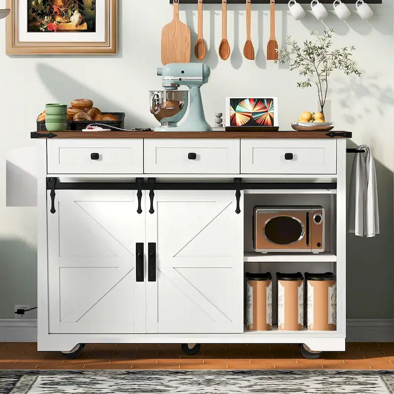 53.7Kitchen Island with Power Outlet,2 Sliding Barn Door Island with Drop Leaf,Spice Rack Rolling Kitchen Cart on Wheels
