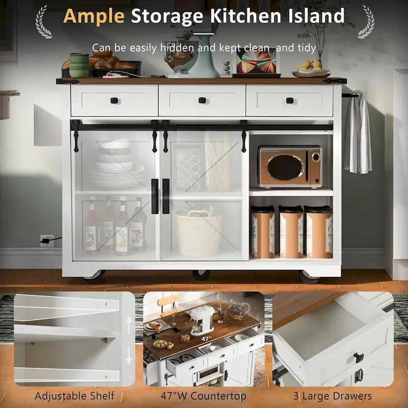 53.7Kitchen Island with Power Outlet,2 Sliding Barn Door Island with Drop Leaf,Spice Rack Rolling Kitchen Cart on Wheels