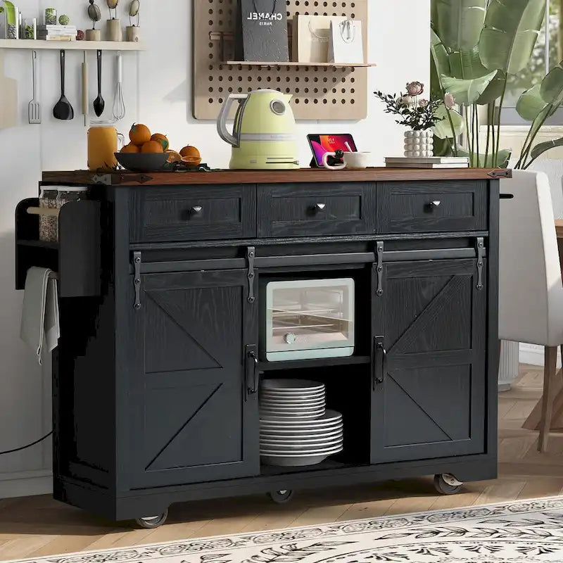 53.7Kitchen Island with Power Outlet,2 Sliding Barn Door Island with Drop Leaf,Spice Rack Rolling Kitchen Cart on Wheels