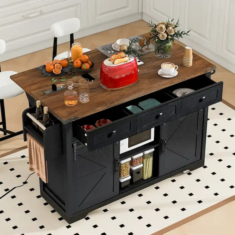 53.7Kitchen Island with Power Outlet,2 Sliding Barn Door Island with Drop Leaf,Spice Rack Rolling Kitchen Cart on Wheels