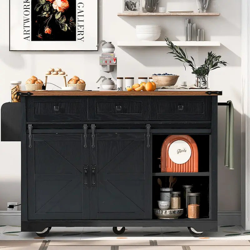 53.7Kitchen Island with Power Outlet,2 Sliding Barn Door Island with Drop Leaf,Spice Rack Rolling Kitchen Cart on Wheels