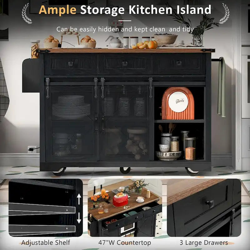 53.7Kitchen Island with Power Outlet,2 Sliding Barn Door Island with Drop Leaf,Spice Rack Rolling Kitchen Cart on Wheels