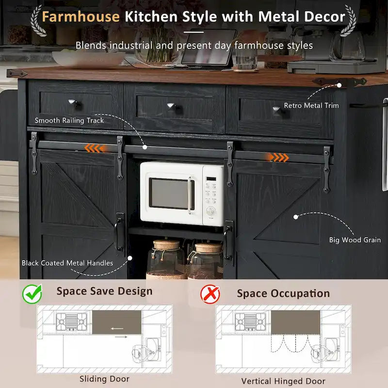 53.7Kitchen Island with Power Outlet,2 Sliding Barn Door Island with Drop Leaf,Spice Rack Rolling Kitchen Cart on Wheels