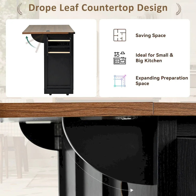 53.7Kitchen Island with Power Outlet,2 Sliding Barn Door Island with Drop Leaf,Spice Rack Rolling Kitchen Cart on Wheels