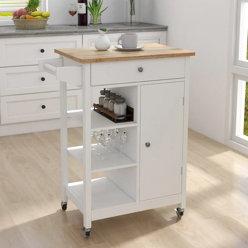 Kitchen Island Rolling Cart with Adjustable Shelves and Towel Rack, Rubberwood Top