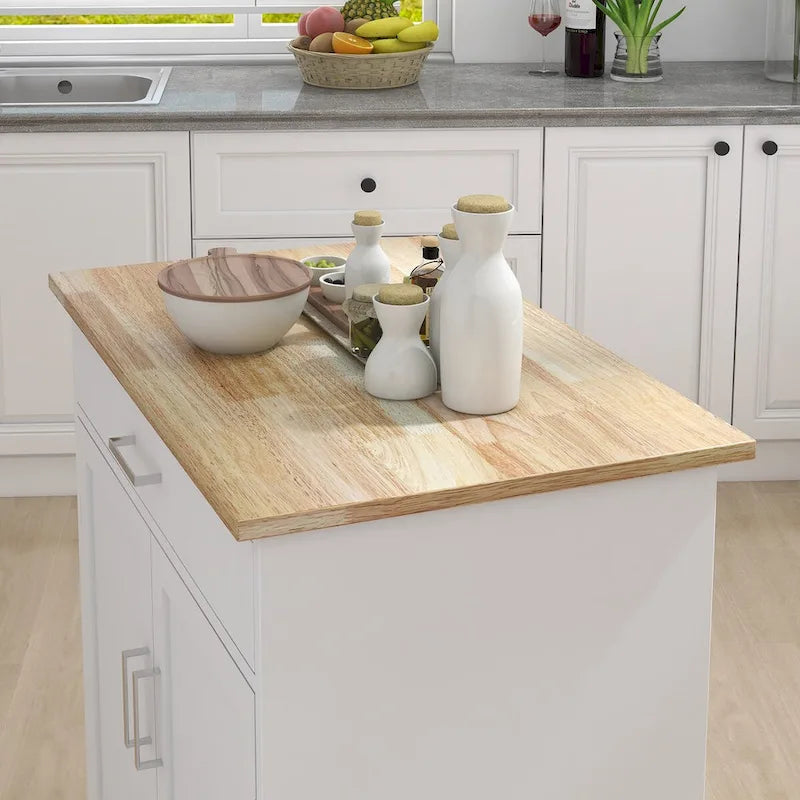 Kitchen Island Rolling Cart with Adjustable Shelves and Towel Rack, Rubberwood Top