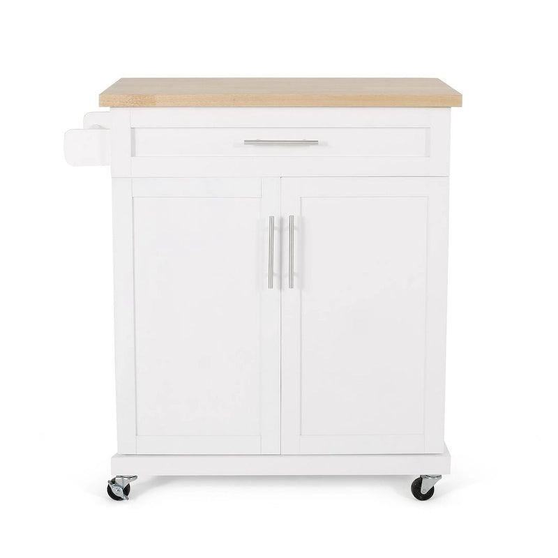 32" Contemporary Wood Kitchen Cart with Rolling Casters, Drawer & Cabinet Storage