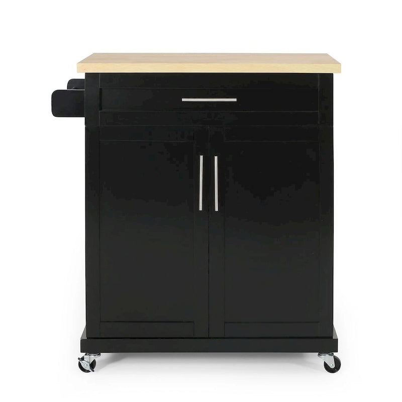 32" Contemporary Wood Kitchen Cart with Rolling Casters, Drawer & Cabinet Storage