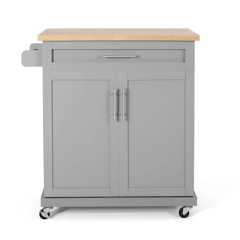 32" Contemporary Wood Kitchen Cart with Rolling Casters, Drawer & Cabinet Storage