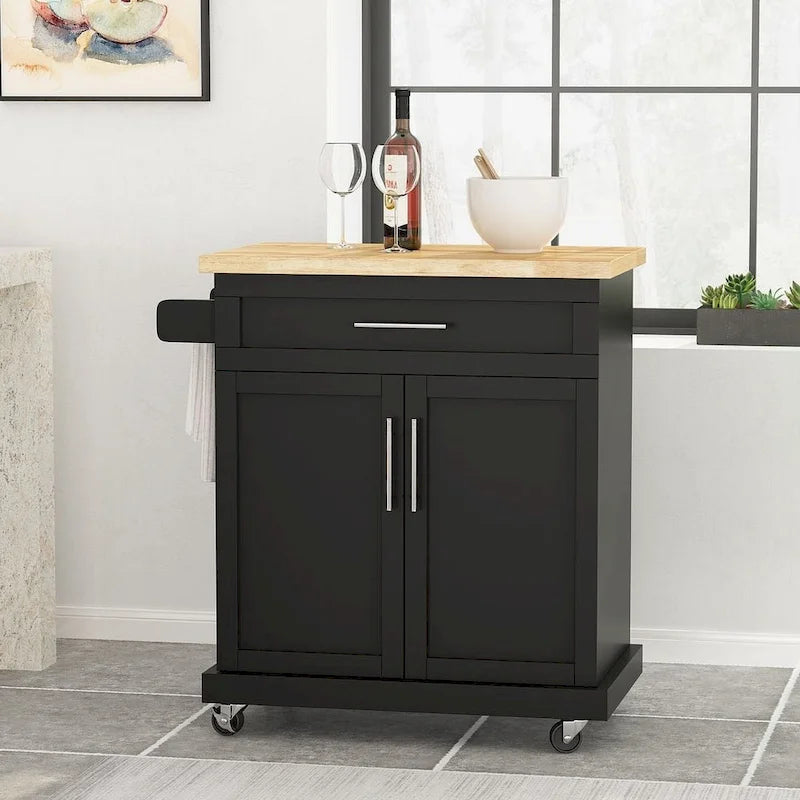 32" Contemporary Wood Kitchen Cart with Rolling Casters, Drawer & Cabinet Storage