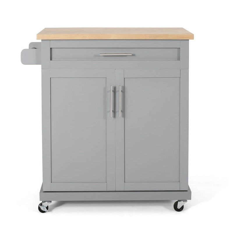 32" Contemporary Wood Kitchen Cart with Rolling Casters, Drawer & Cabinet Storage