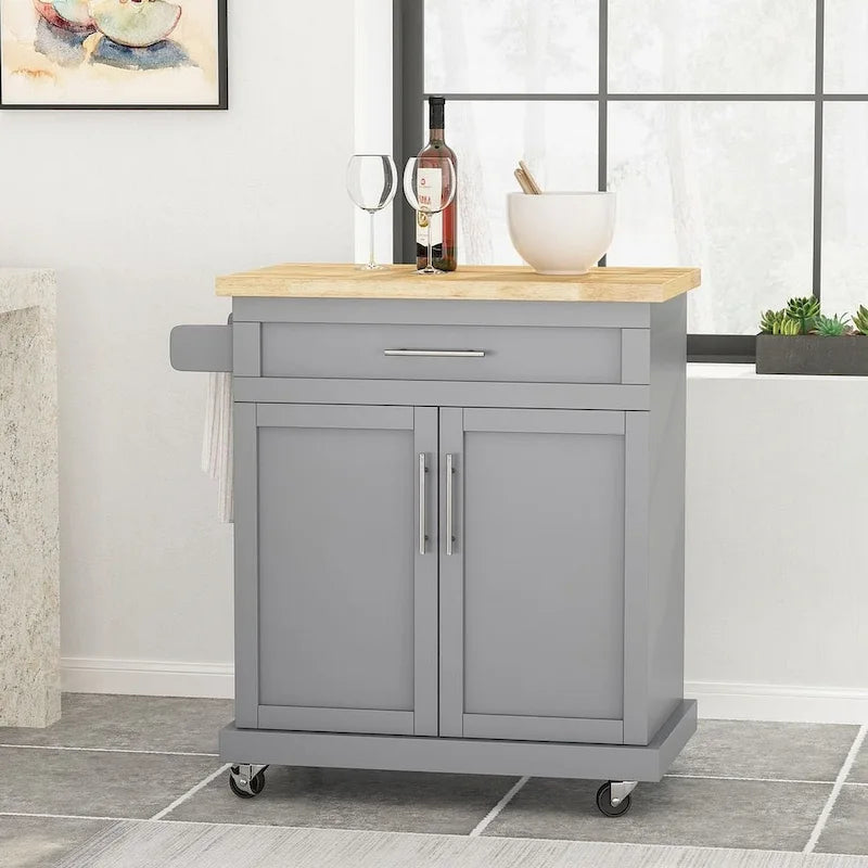 32" Contemporary Wood Kitchen Cart with Rolling Casters, Drawer & Cabinet Storage