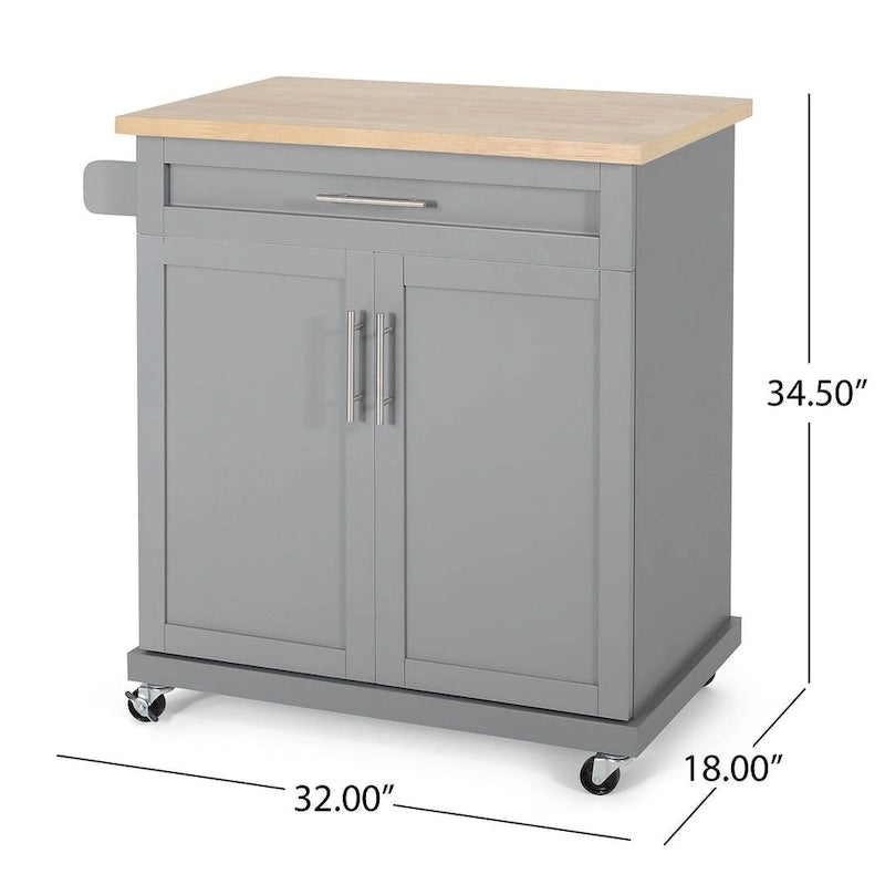 32" Contemporary Wood Kitchen Cart with Rolling Casters, Drawer & Cabinet Storage