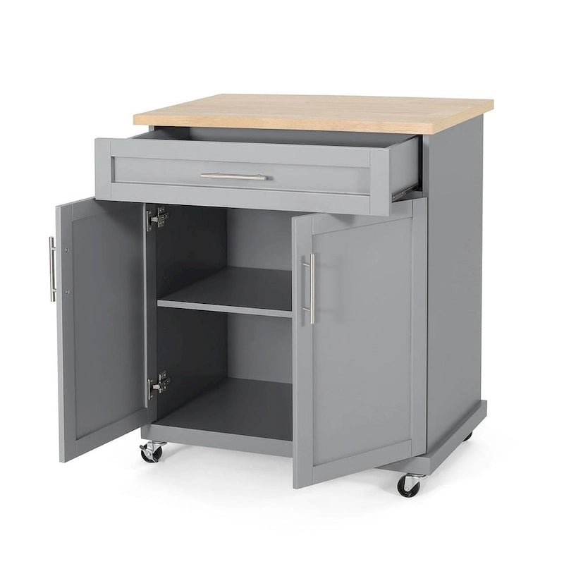 32" Contemporary Wood Kitchen Cart with Rolling Casters, Drawer & Cabinet Storage