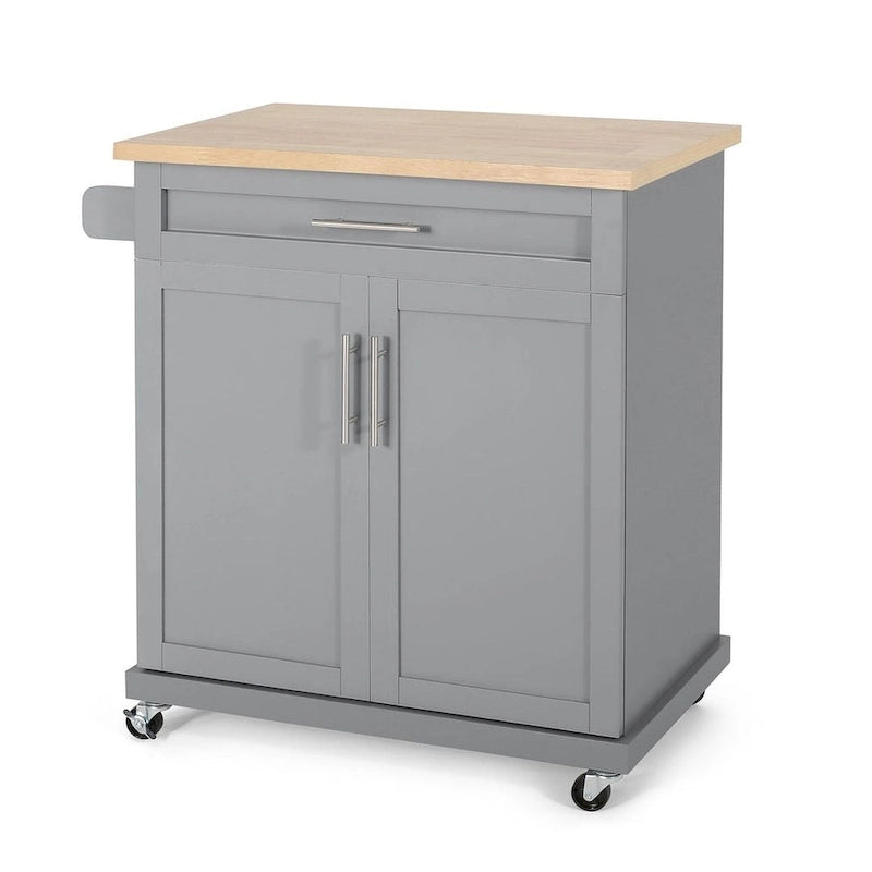 32" Contemporary Wood Kitchen Cart with Rolling Casters, Drawer & Cabinet Storage