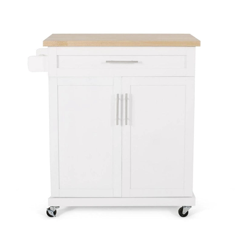 32" Contemporary Wood Kitchen Cart with Rolling Casters, Drawer & Cabinet Storage