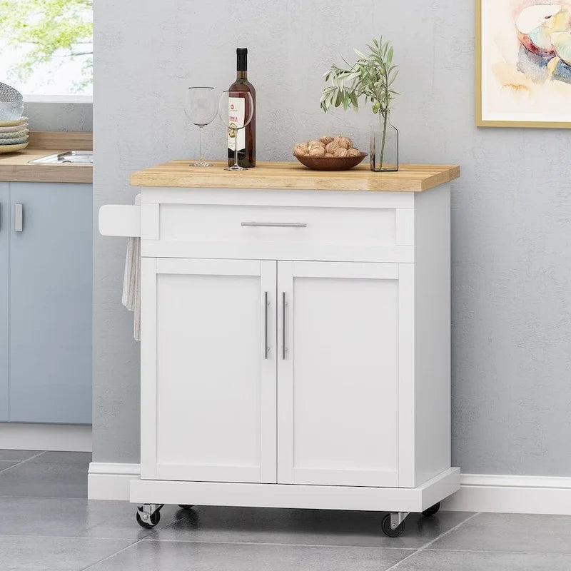 32" Contemporary Wood Kitchen Cart with Rolling Casters, Drawer & Cabinet Storage