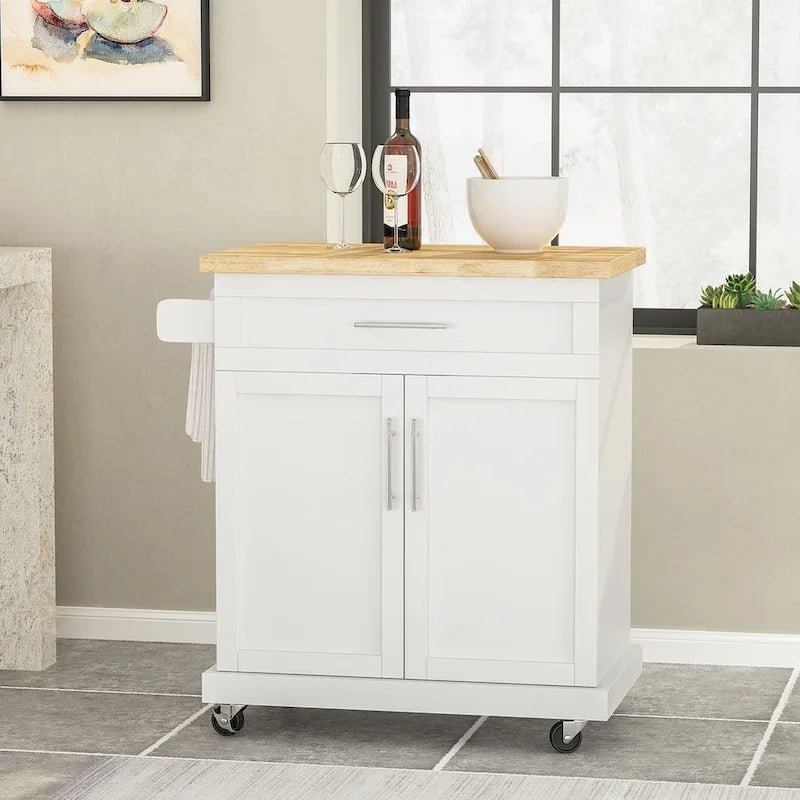 32" Contemporary Wood Kitchen Cart with Rolling Casters, Drawer & Cabinet Storage