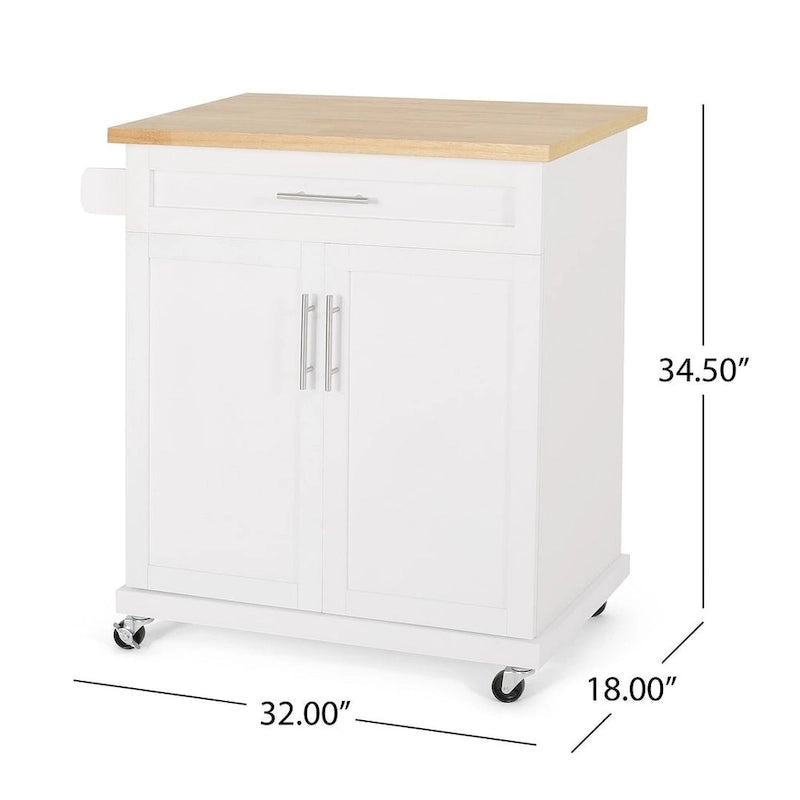 32" Contemporary Wood Kitchen Cart with Rolling Casters, Drawer & Cabinet Storage