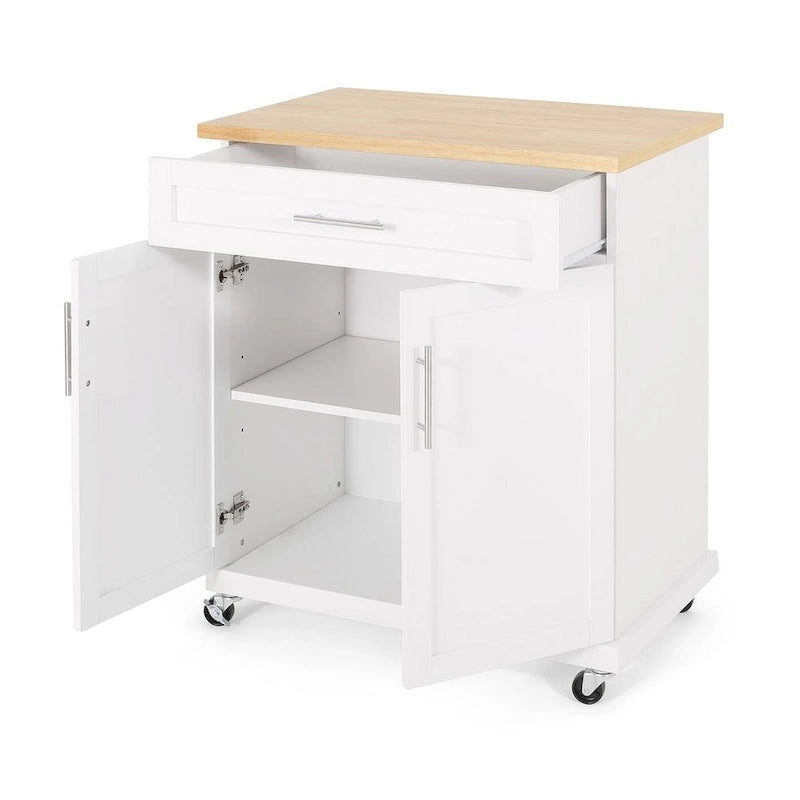 32" Contemporary Wood Kitchen Cart with Rolling Casters, Drawer & Cabinet Storage