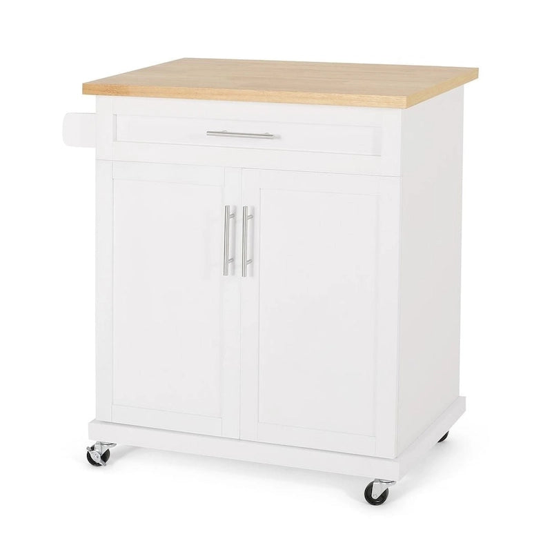 32" Contemporary Wood Kitchen Cart with Rolling Casters, Drawer & Cabinet Storage