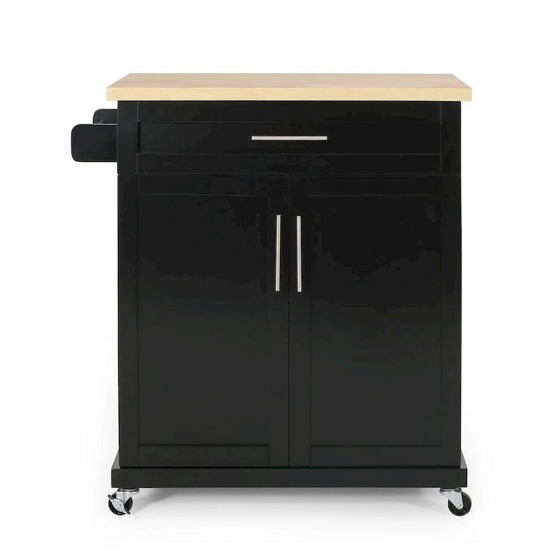 32" Contemporary Wood Kitchen Cart with Rolling Casters, Drawer & Cabinet Storage
