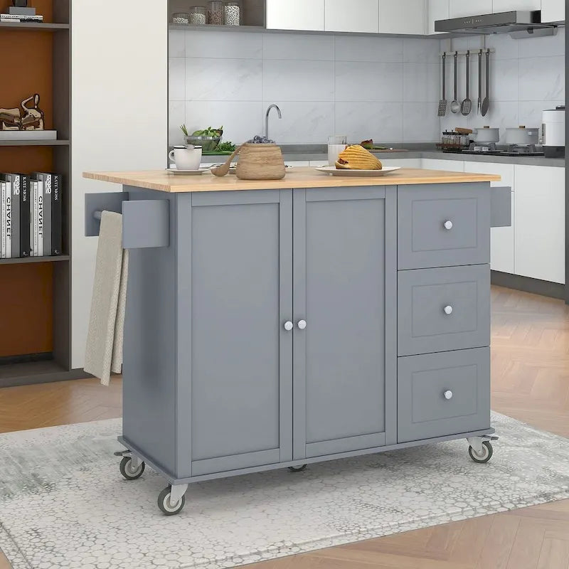 52.7 W Folding Multifunctional Lockable Wheel Kitchen Cart with 2 Doors and 3 Drawers