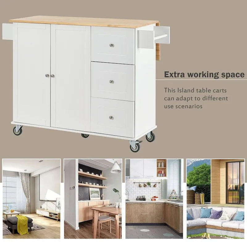 52.7 W Folding Multifunctional Lockable Wheel Kitchen Cart with 2 Doors and 3 Drawers