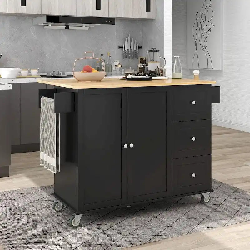 52.7 W Folding Multifunctional Lockable Wheel Kitchen Cart with 2 Doors and 3 Drawers