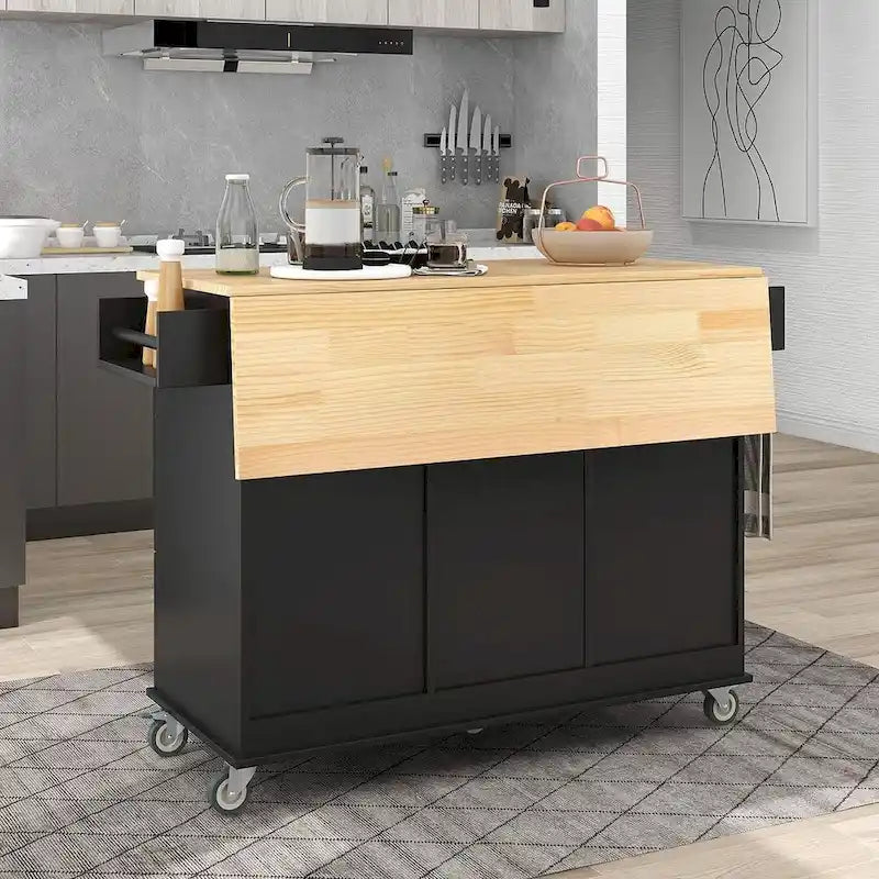 52.7 W Folding Multifunctional Lockable Wheel Kitchen Cart with 2 Doors and 3 Drawers